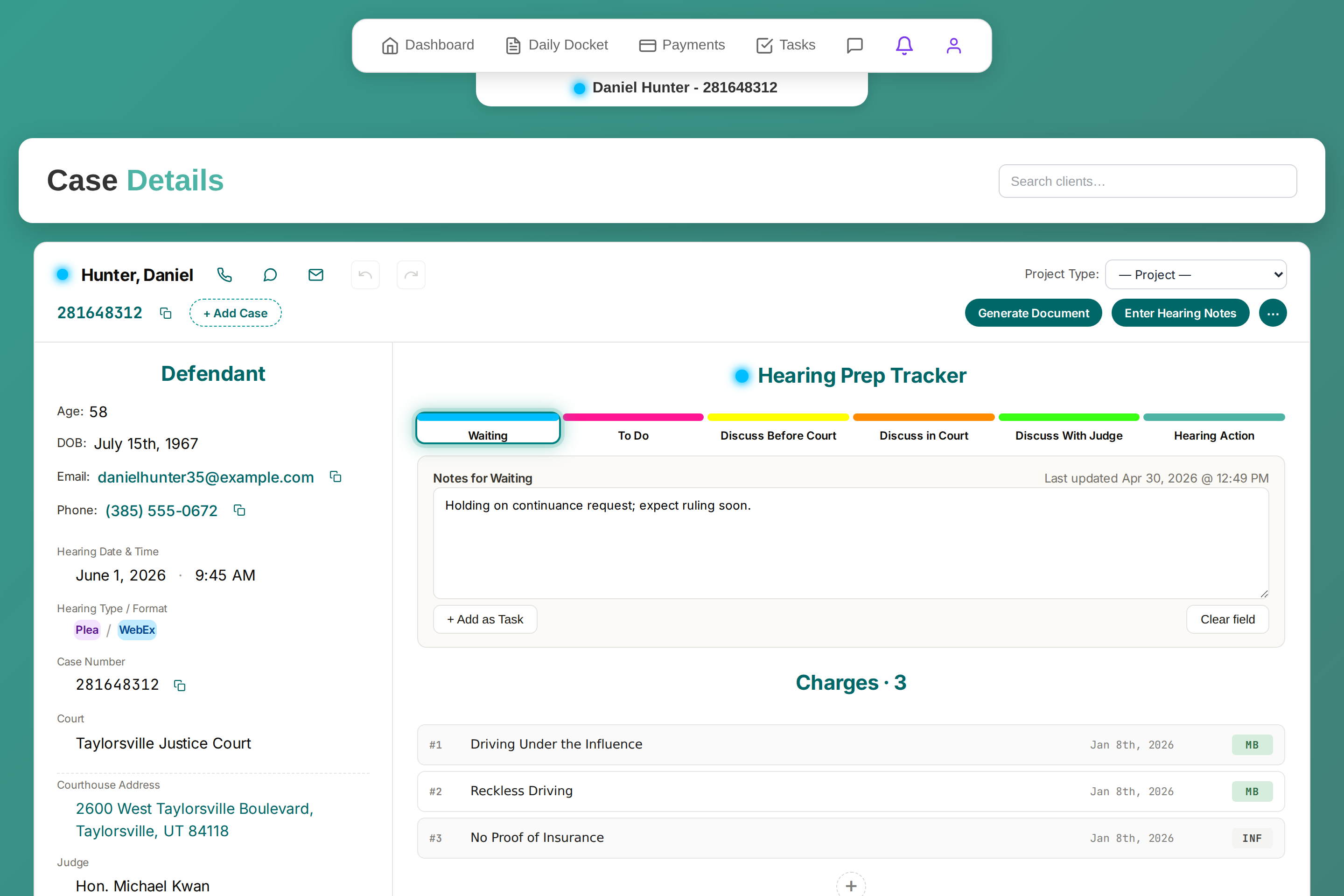 Pocket Defender case detail with hearing prep tracker, charges and defendant info
