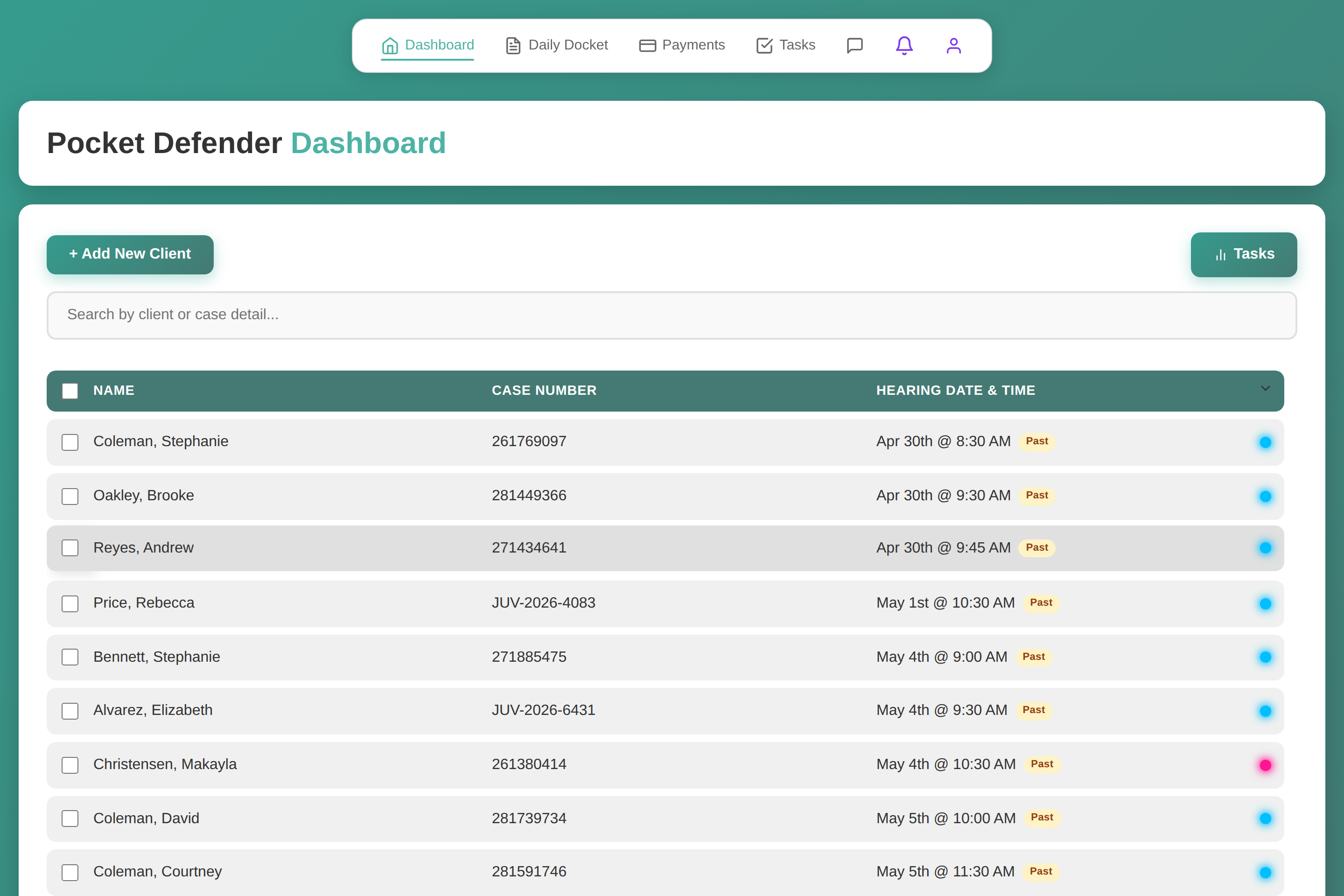 Pocket Defender dashboard with client case list and hearing dates