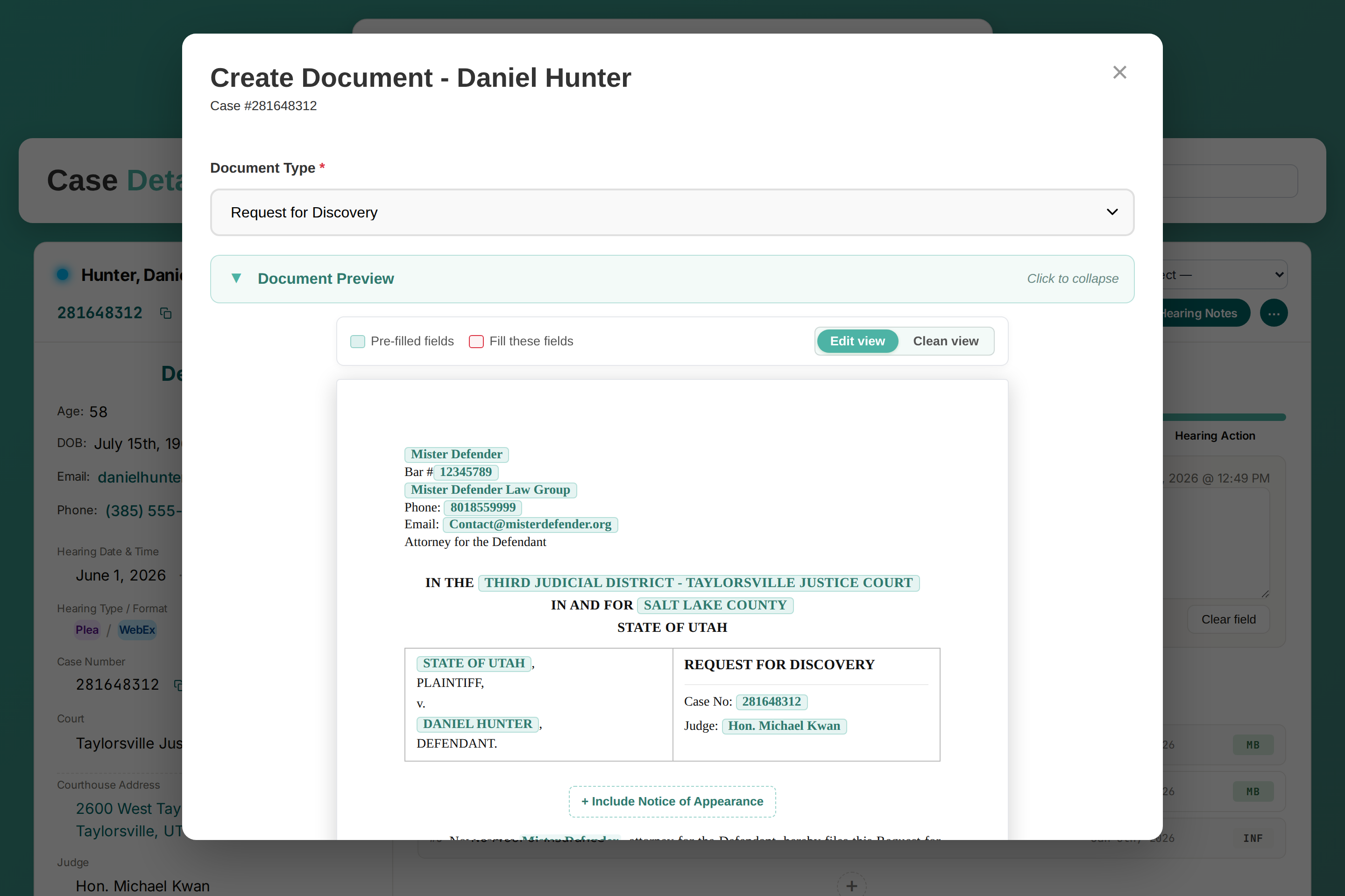 Pocket Defender AI document generation producing a request for discovery