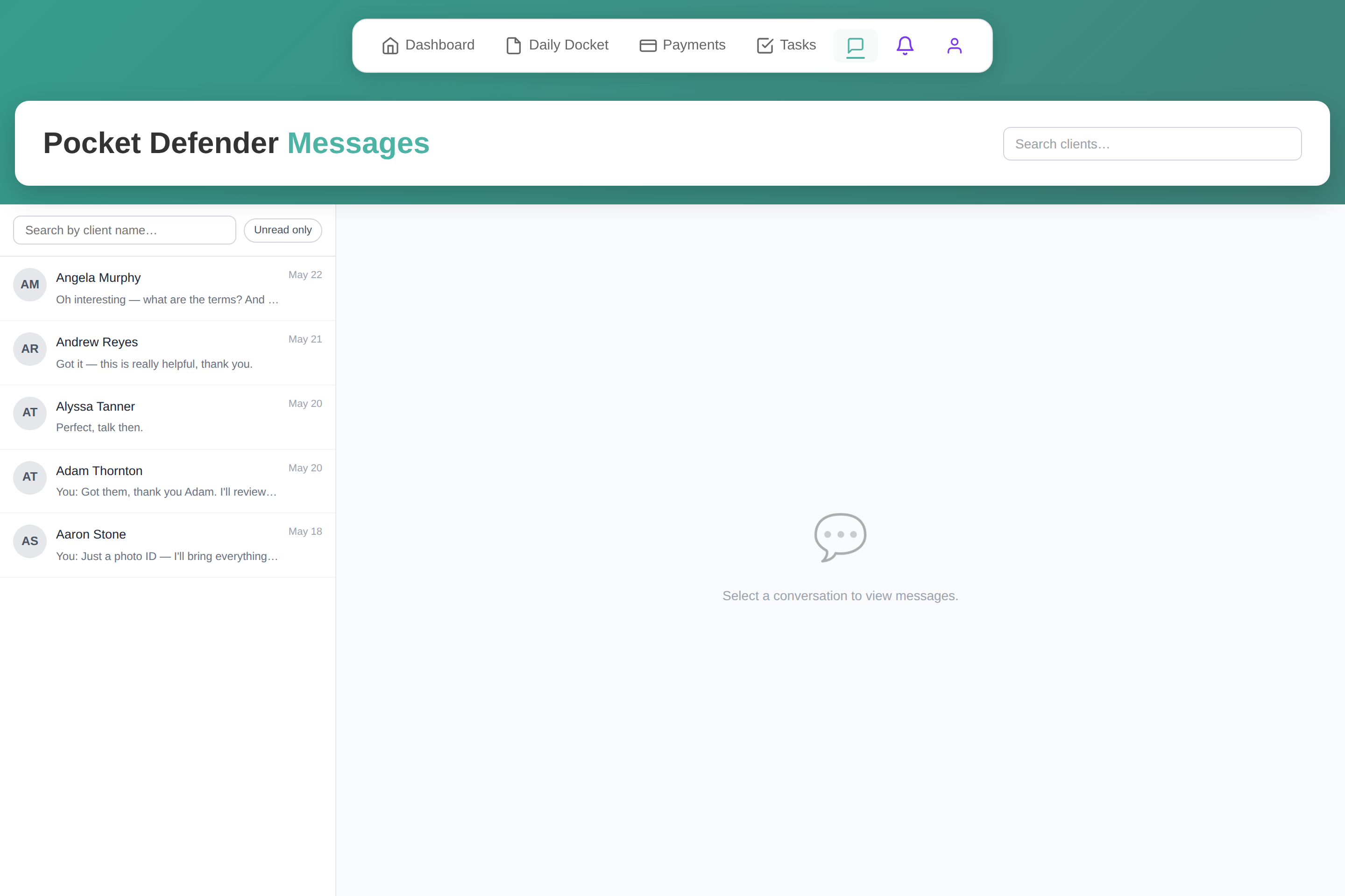 Pocket Defender two-way client messaging inbox
