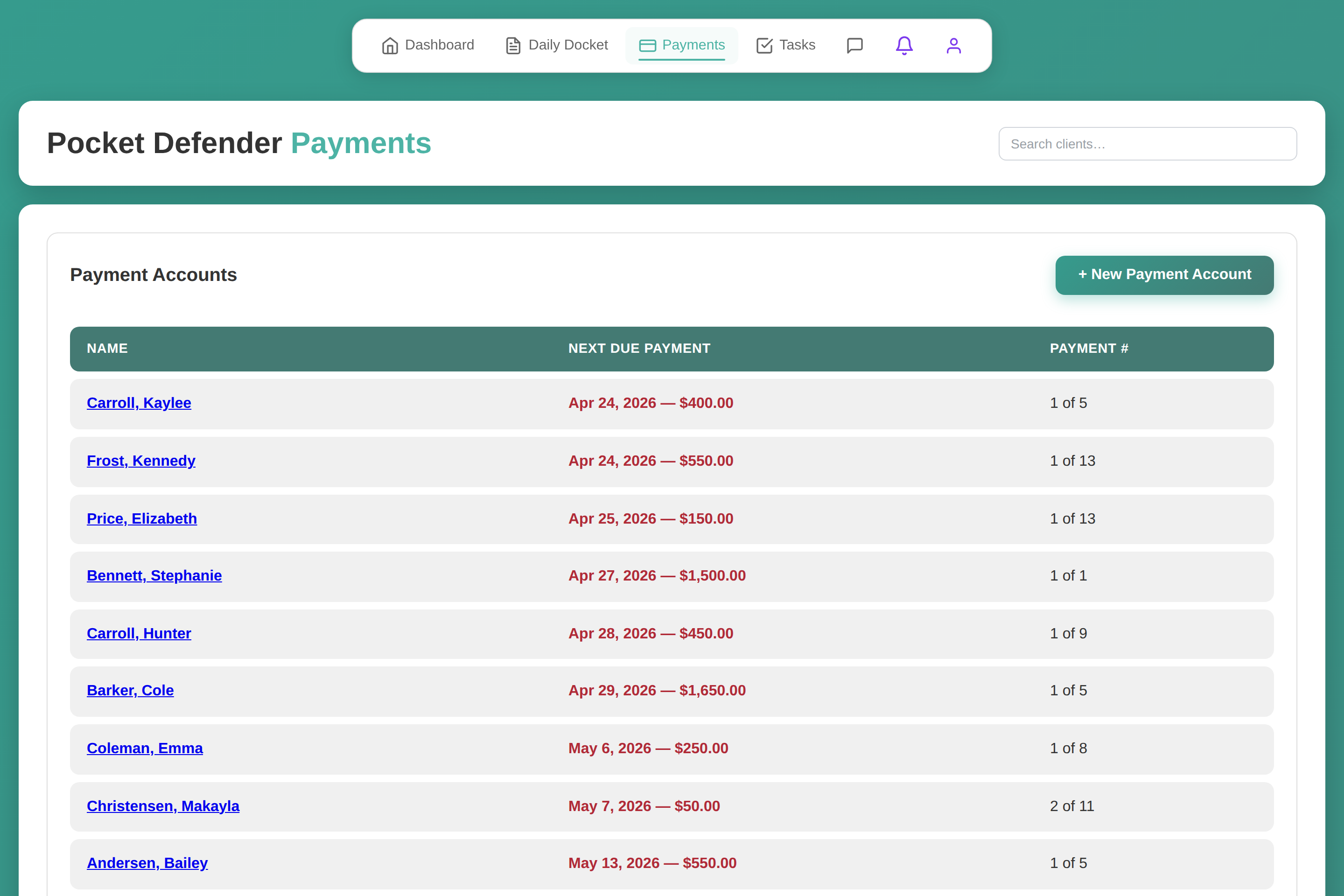 Pocket Defender payments page tracking client payment plans